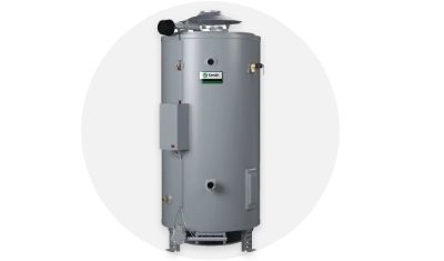 A.O. Smith Commercial Water Heater product isolated on top of a light grey circle
