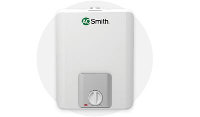 A.O. Smith Point of Use Water Heater product isolated on top of a light grey circle