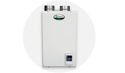 A.O. Smith Tankless Water Heater product isolated on top of a light grey circle