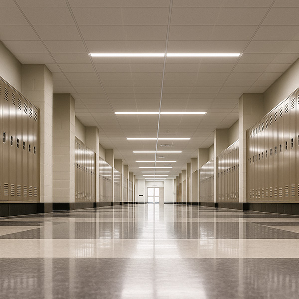 School Hallway From Floor Perspective With Lockers To Either Side