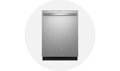 GE Appliances Dishwasher product isolated on top of a light grey circle