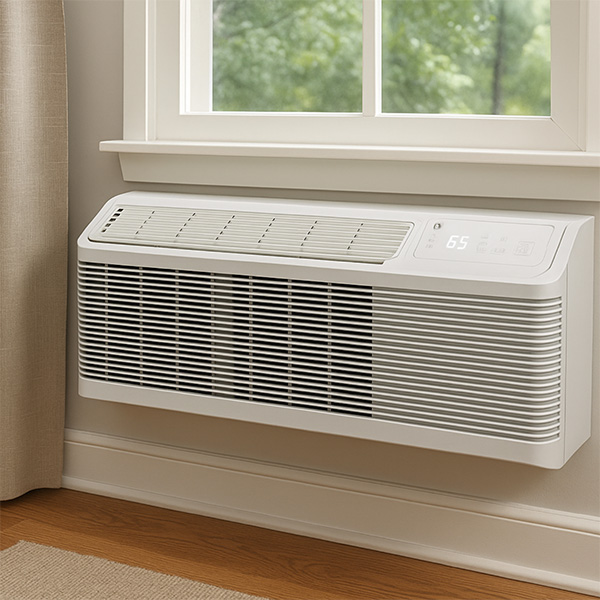 GE Appliances PTAC wall unit installed beneath a window with white trim that overlooks green trees
