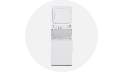 GE Appliances Washer and Dryer Combinations product isolated on top of a light grey circle