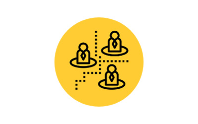 Three people wearing ties, each sitting on top of a circle, arranged around a dotted line road matrix as outlined icon on top of a solid yellow circle