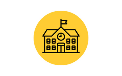 Vintage schoolhouse as outlined icon on top of a solid yellow circle