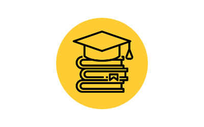 Graduation cap placed on top of a stack of three books with bottom facing viewer and a ribbon bookmark inserted into middle book as outlined icon on top of a solid yellow circle