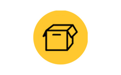 Open box outlined icon on top of a solid yellow circle