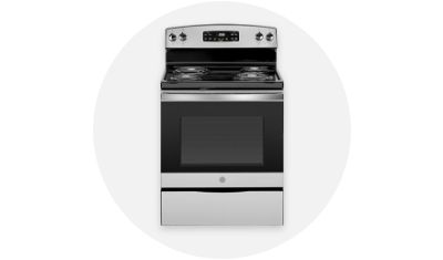 GE Range in black and stainless steel product silo on top of a grey circle