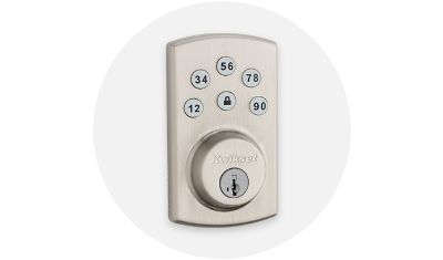 Hardware Kwikset electronic lock set product silo on top of a grey circle