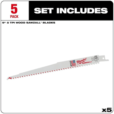 Milwaukee Sawzall 9 In. 5 TPI Thin Kerf Bi-Metal Wood Cutting Reciprocating Saw Blade, 5-Pack