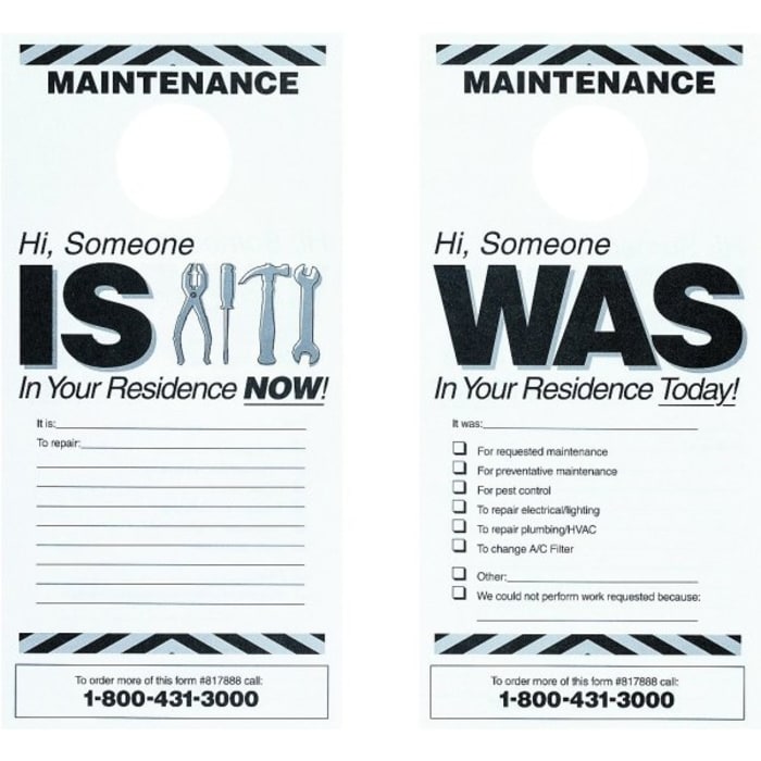 Hy-Ko Maintenance Door Hang Tag, Was/Is In Your Residence, 4 X 7", Package Of 50