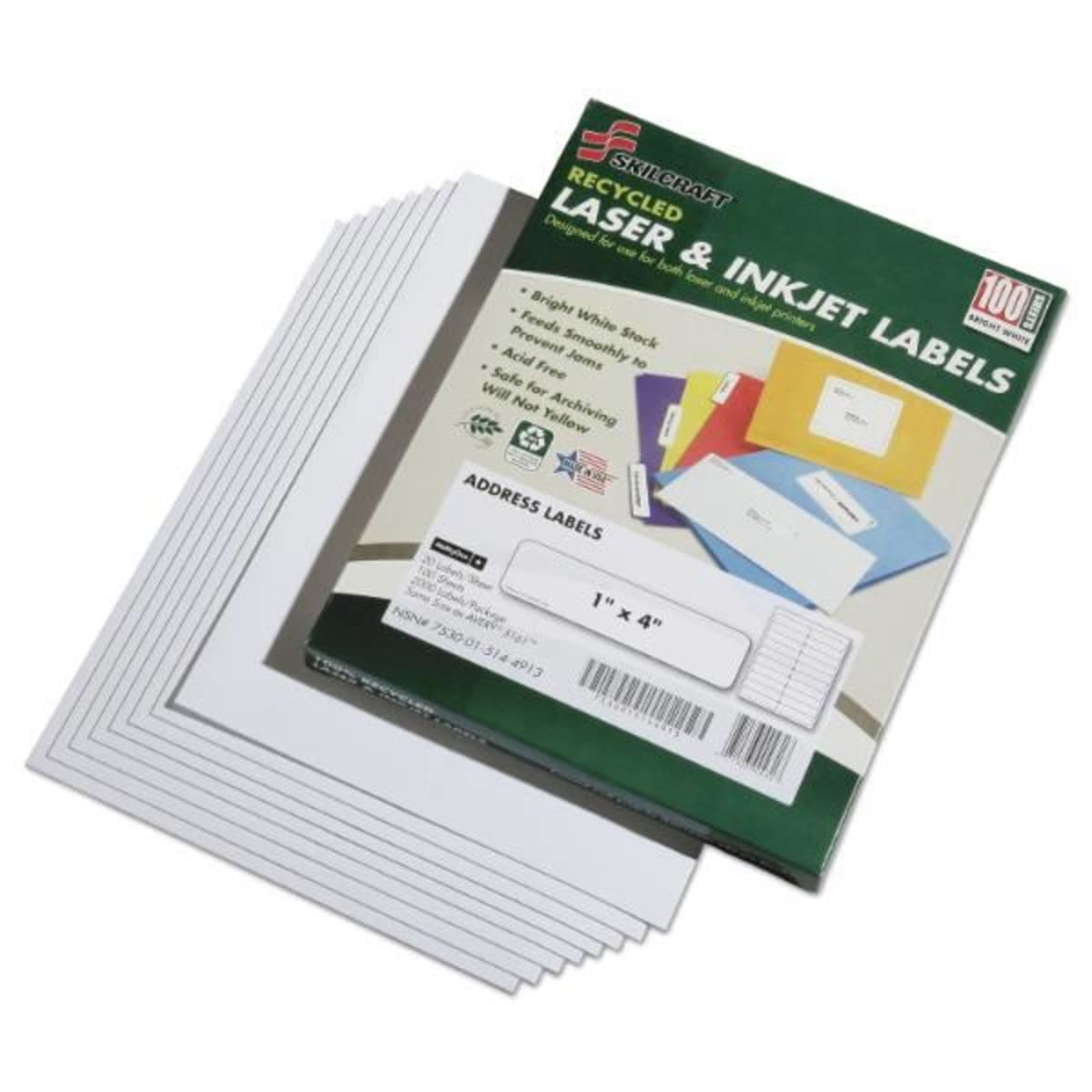 SKILCRAFT Recycled Laser & Inkjet Labels, 1 X 4, White, 20 ...