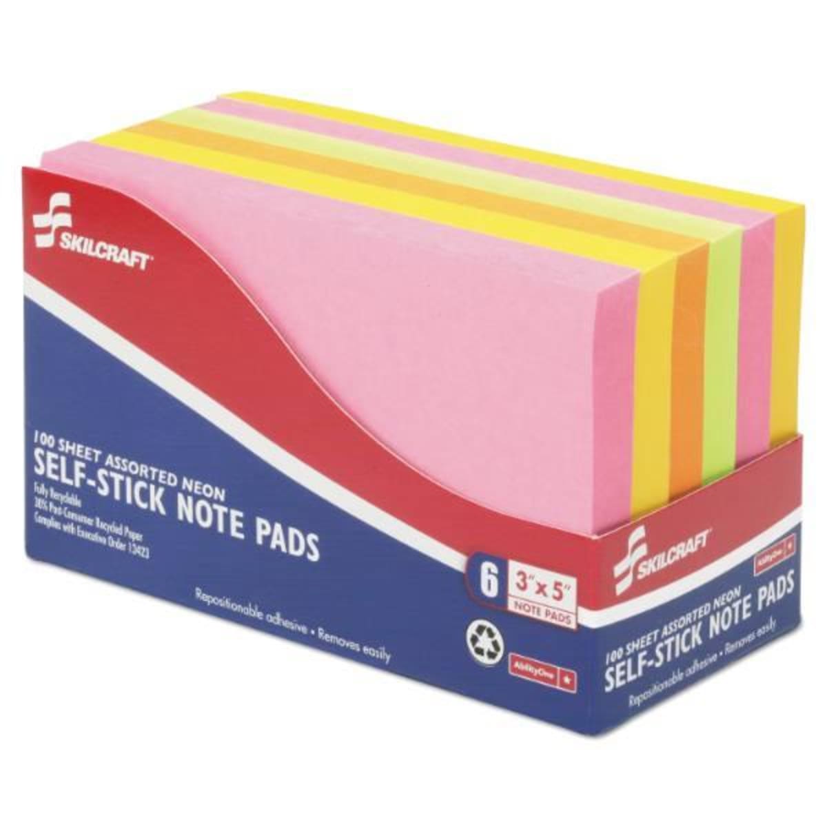 SKILCRAFT Self-Stick Note Pad Set, 3 x 5 in, Unruled, Assorted Colors