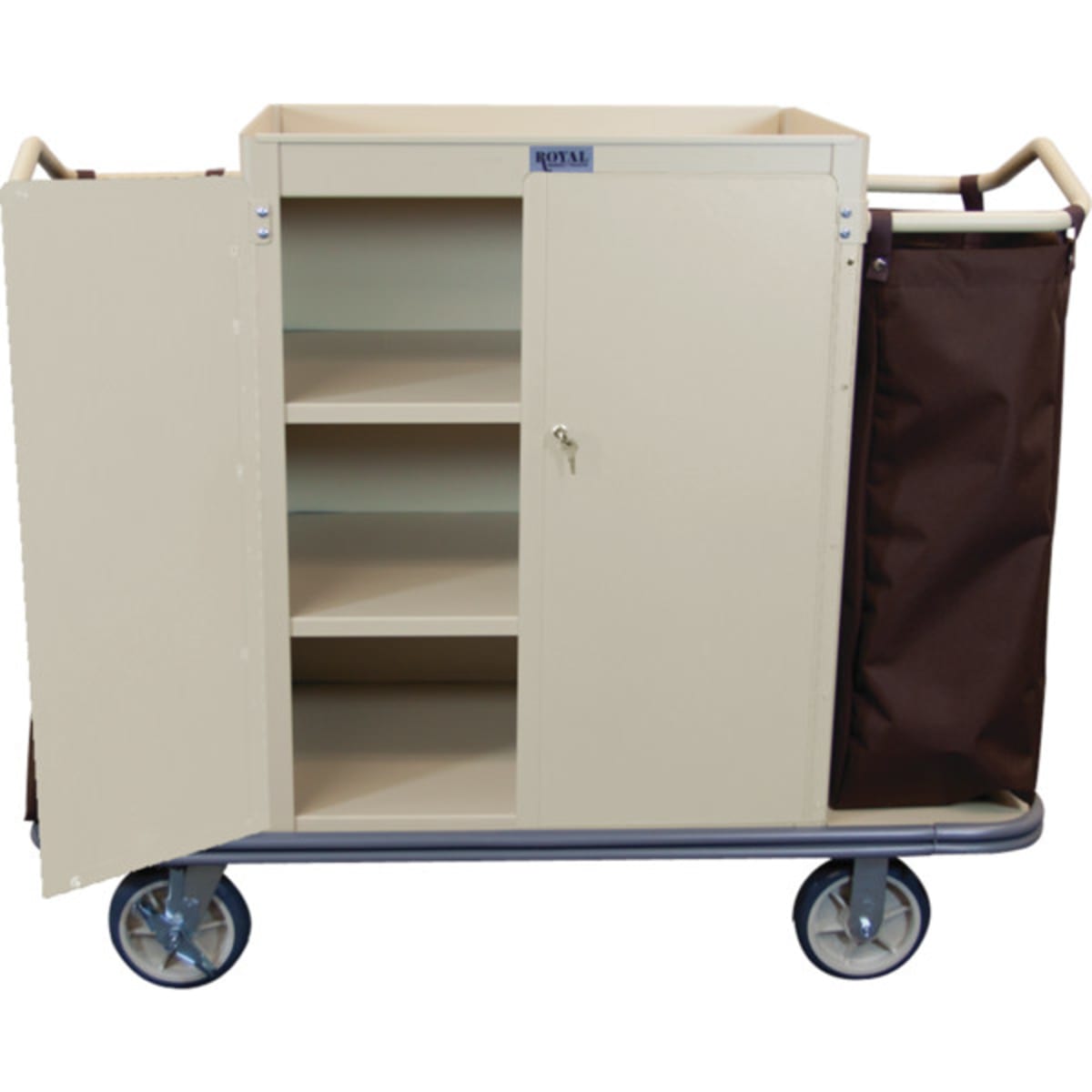 Security Housekeeping Cart Beige 3 Shelves Locking Cabinet