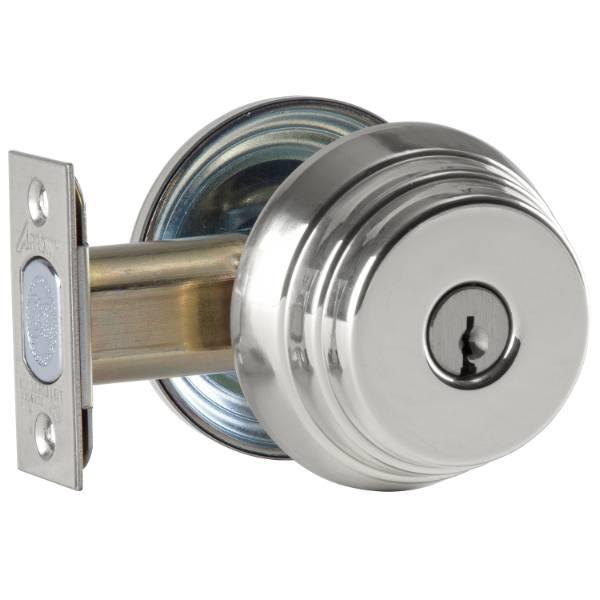 Medeco Deadbolt, Single, 2-3/8 in. Backset, 5 Pins, Satin Chrome, Round, Silver
