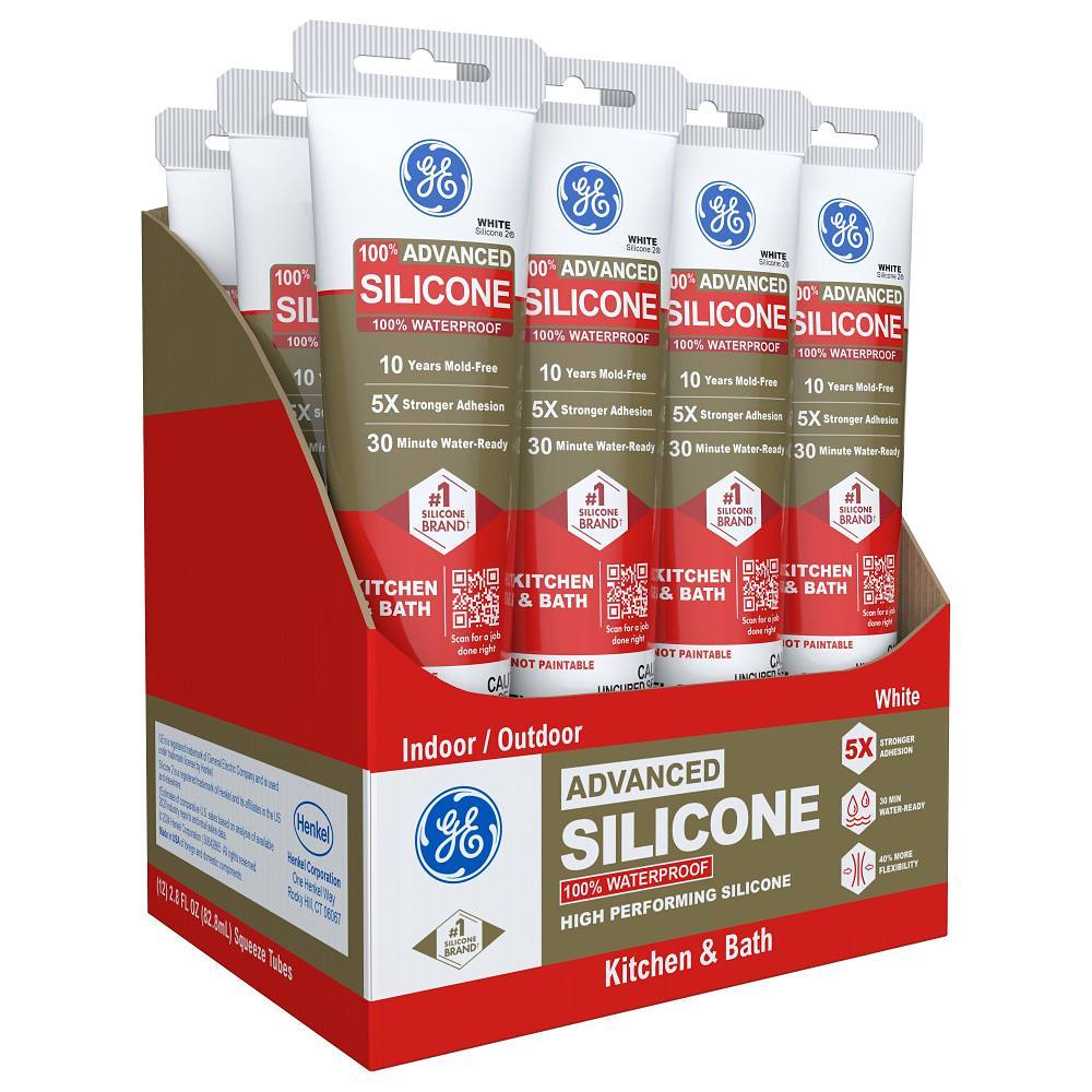GE 2.8 Oz Silicone 2 Kitchen And Bath Sealant, White, Case Of 12