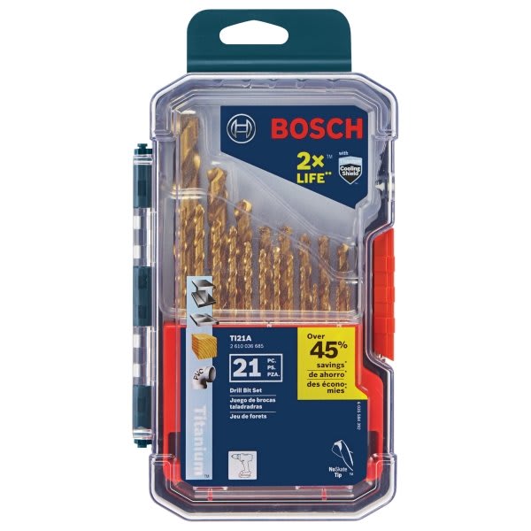 Bosch 1/16" To 1/2" Titanium Coating Twist Drill Bit Set, 21-Pieces