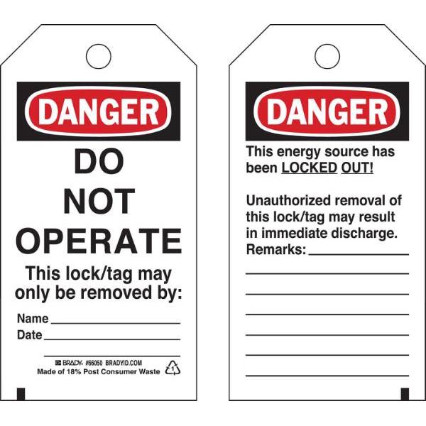 Brady® Lockout Tags- Danger Do Not Operate This Lock Tag Package Of 25
