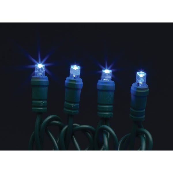 Commercial Grade LED Light String, Blue 5 mm, Green Cord, Package Of 24