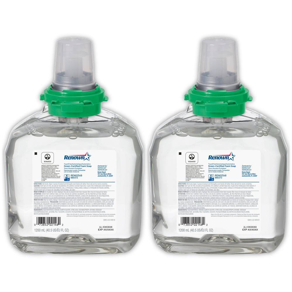 Renown Tfx 1200 mL Green Certified Fragrance-Free Foam Hand Soap Refill For Renown Tfx Dispensers, Case Of 2