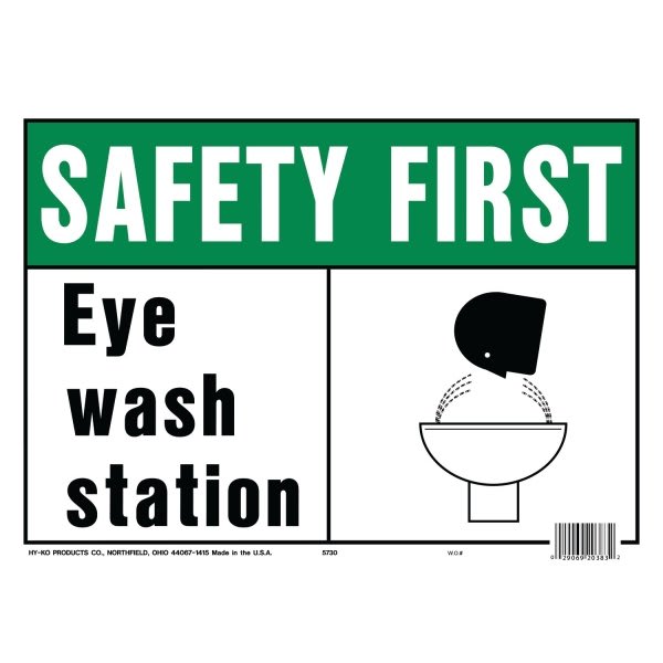 Hy-Ko "Safety First Eye Wash Station" Sign, Polyethylene, 14 X 10", Package Of 5