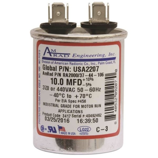 Amrad Engineering Usa2207 10 Mfd 370/440 Vac Round Motor Run Capacitor