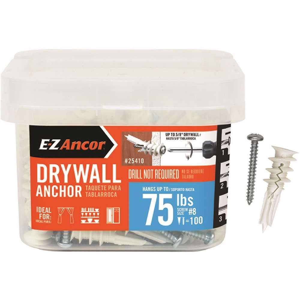 E-Z Ancor Twist-N-Lock 75lb #8 X 1-5/8 In Med Duty Drywall Anchor, Package Of 100