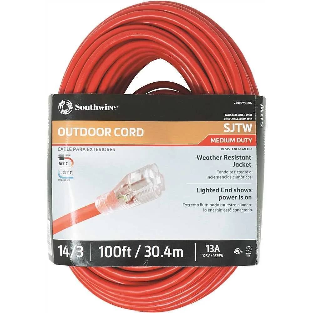 Southwire 100 Ft 14/3 Sjtw Medium-Duty 13 Amp Extension Cord W/Lighted End