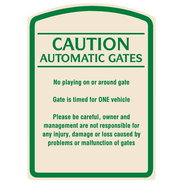 Caution Automatic Gates Designer Sign, Green On Ivory, 16 X 22