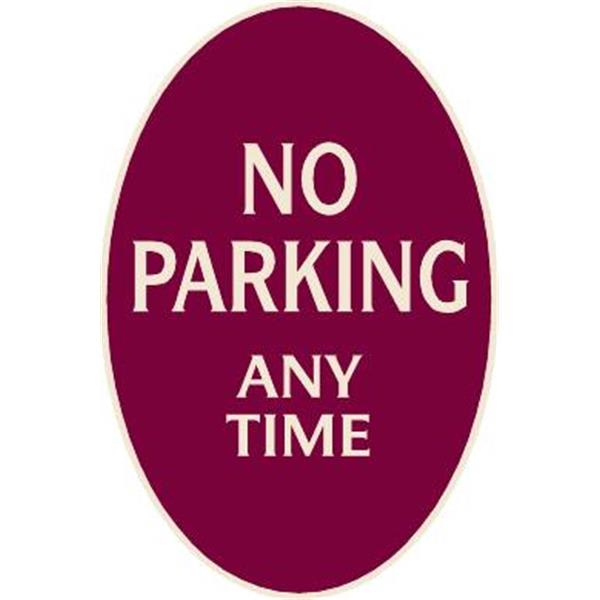 No Parking Any Time Oval Designer Sign, Ivory On Burgundy, 12 X 18