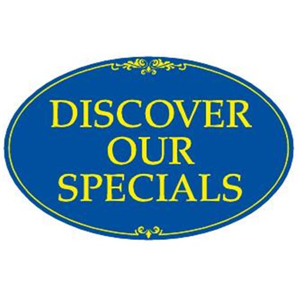 Coroplast Discover Our Specials Oval Amenity Sign, Blue/Yellow, 32 X 21