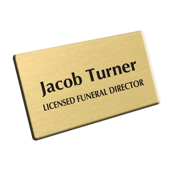 Custom Engraved Metal Name Tag with Pin Back, Brass, 21/2 x 13/8 HD