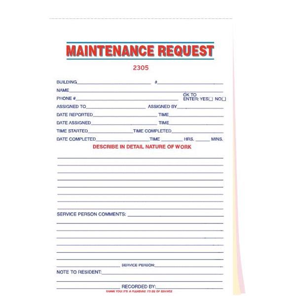 Personalized 2Part Maintenance Request Book, 3 To A Page HD Supply