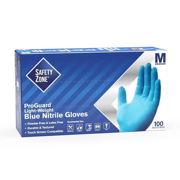 The Safety Zone Powder-Free Nitrile Light-Weight Disposable Gloves, Medium, Blue, Package Of 100