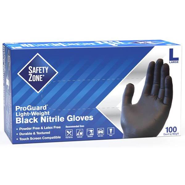 The Safety Zone Powder-Free Nitrile Disposable Gloves, Large, Black, Package Of 100