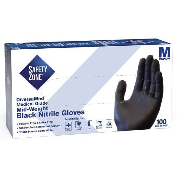 The Safety Zone Fentanyl Tested Nitrile Disposable Gloves, Medium, Black, Package Of 100
