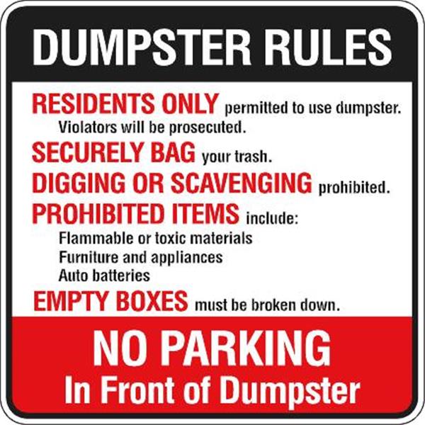 Dumpster Rules Sign, Aluminum, Reflective, 24 X 24"