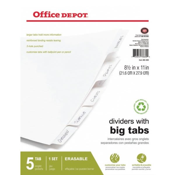 Office Depot® Brand Insertable Dividers, Big Tabs, Assorted Colors, 8