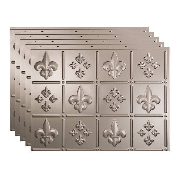 Fasade 18x24 Fleur De Lis Backsplash Panel, Brushed Nickel, Package Of 5