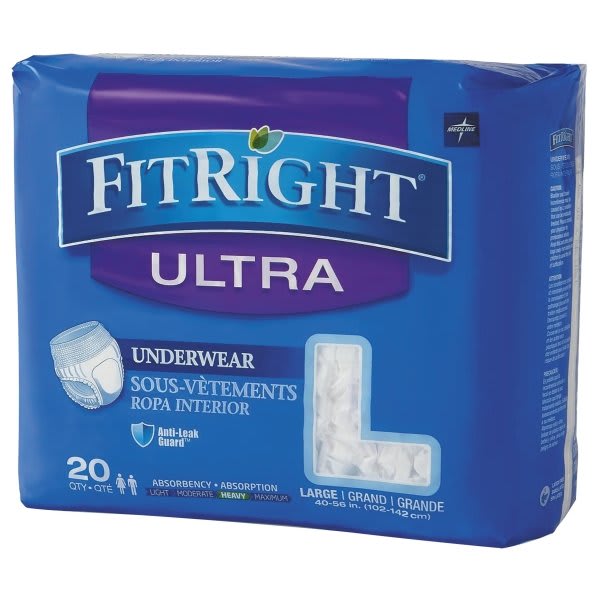 Medline Fitright Ultra Protective Underwear, Large, 40-56" Waist, Package Of 20