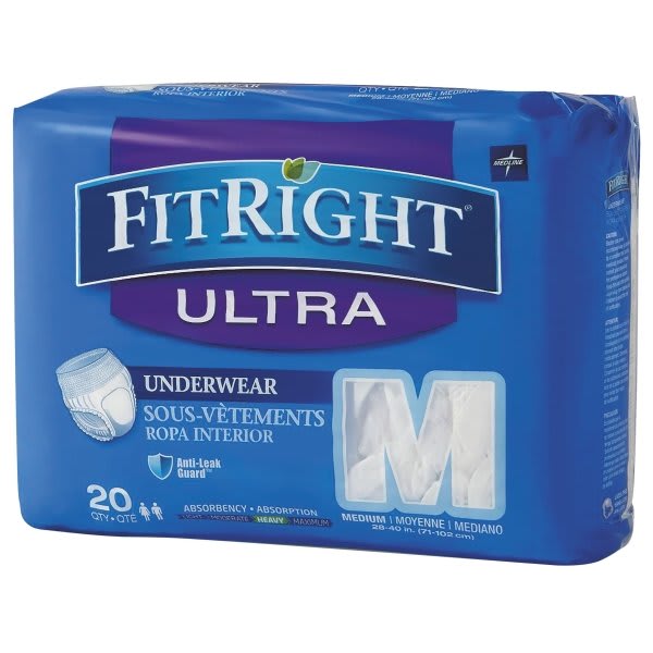 Medline Fitright Ultra Protective Underwear, Medium, 28-40" Waist, Package Of 20