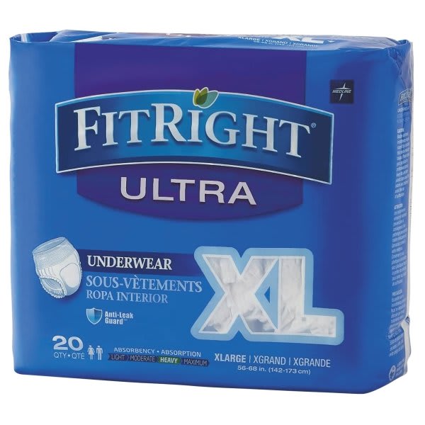Medline Fitright Ultra Protective Underwear X-Large 56-68" Waist Package Of 20