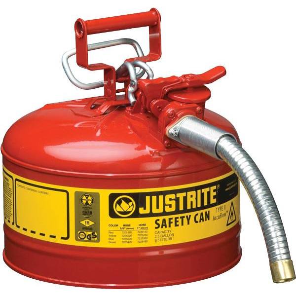 Justrite® Accuflow™  2.5 Gallon Red  Type II Safety Can With 9"L X 1" Dia. Metal Hose