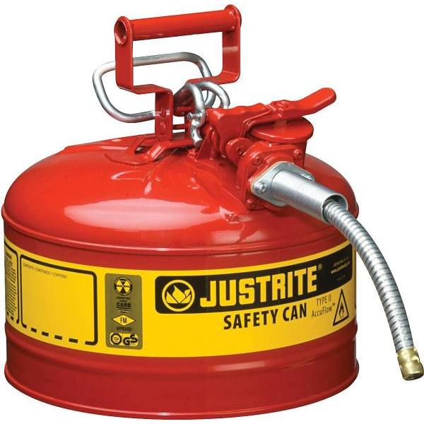 Justrite® Accuflow™  2.5 Gallon Red Type II Safety Can With 9"L X 5/8" Dia. Metal Hose
