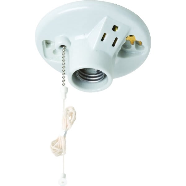 Satco® Porcelain Pull Chain Ceiling Socket With Outlet, Medium Base, Ivory