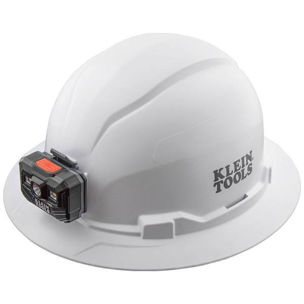 Klein Tools Hard Hat, Non-Vented, Full Brim With Rechargeable Headlamp, White