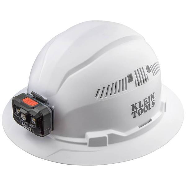 Klein Tools Hard Hat, Vented, Full Brim With Rechargeable Headlamp, White