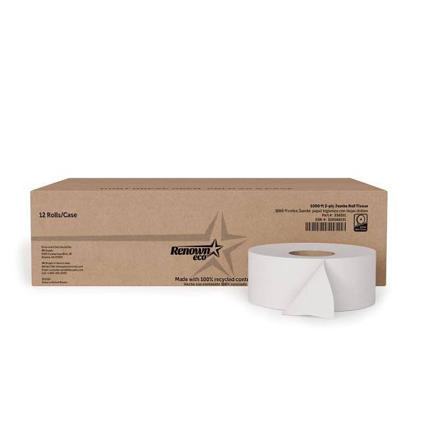 Renown Eco 1000 Ft 2-Ply Embossed White Jumbo Bath Tissue, Case Of 12