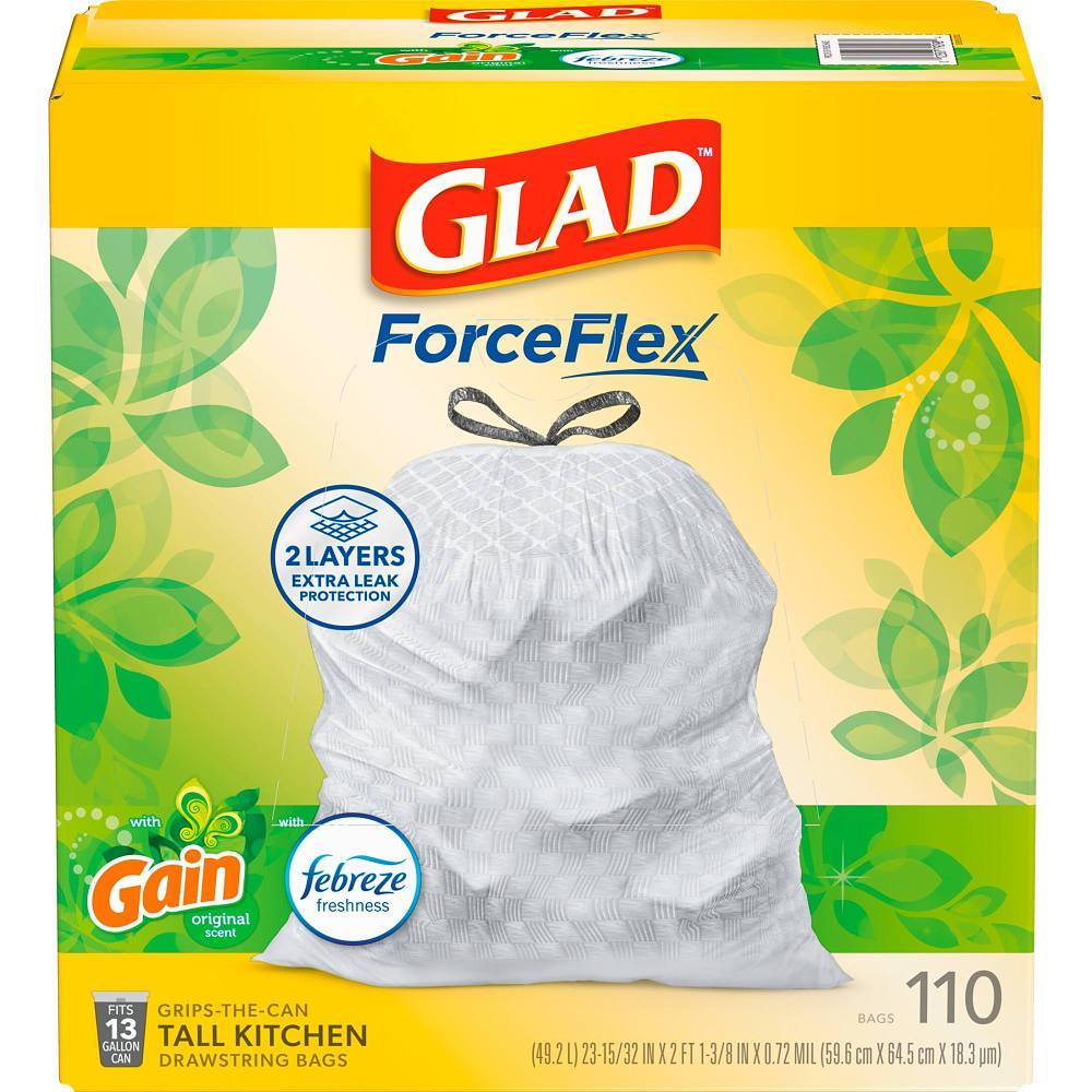 Glad Forceflex Tall Kitchen Bags, 13 Gal., Gain Original Scent Febreze, Package Of 110