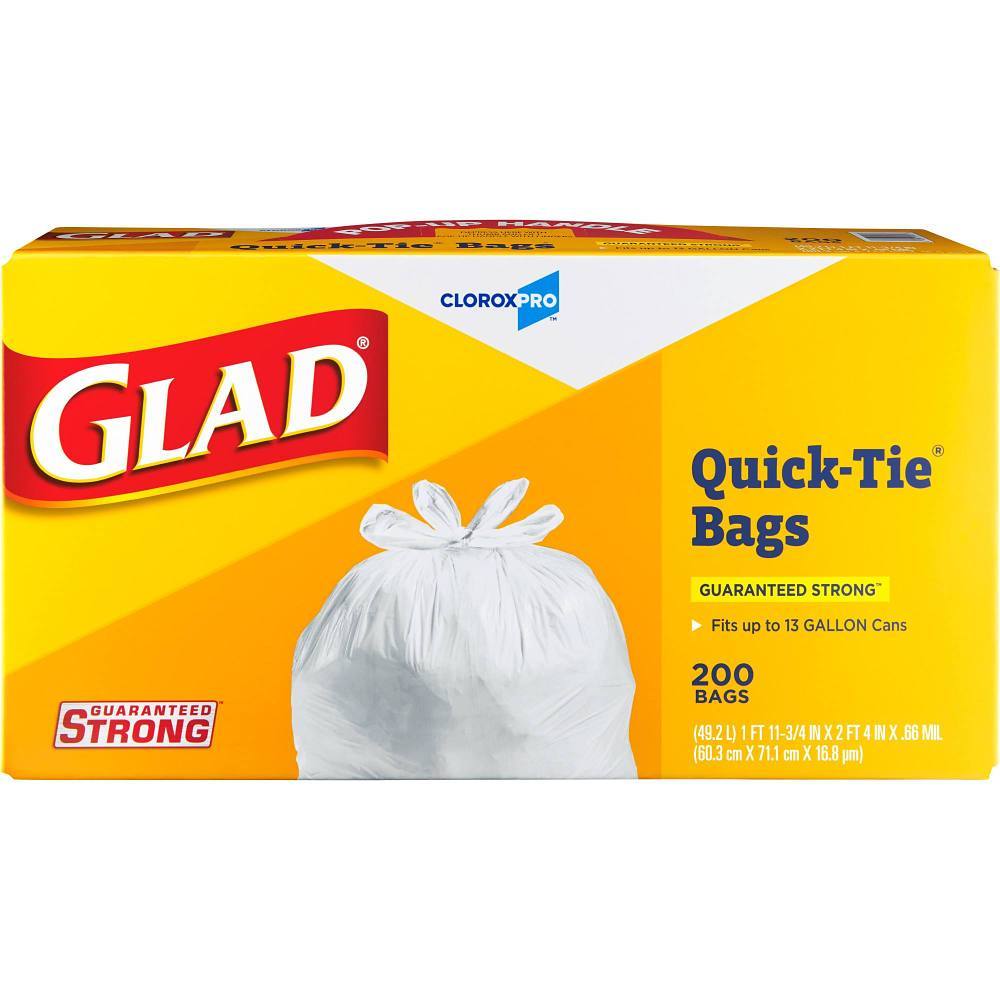 Glad Quick Tie Trash Bag, 13 Gal. Cloroxpro, Low Density, White, 200/Case